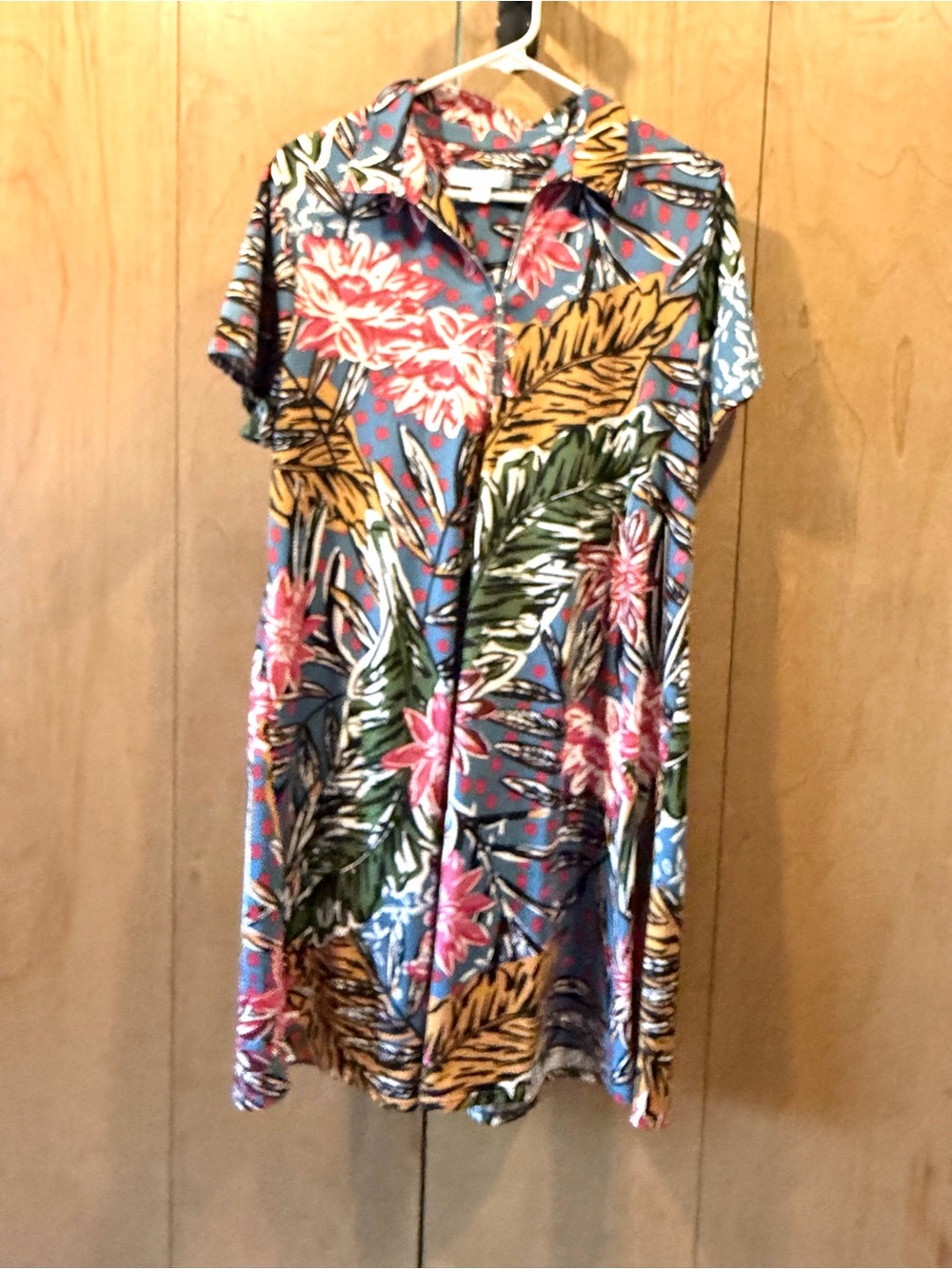2/$15 Palm Grove 1X Tropical Floral Shirt Dress - Blue with Pink & Green